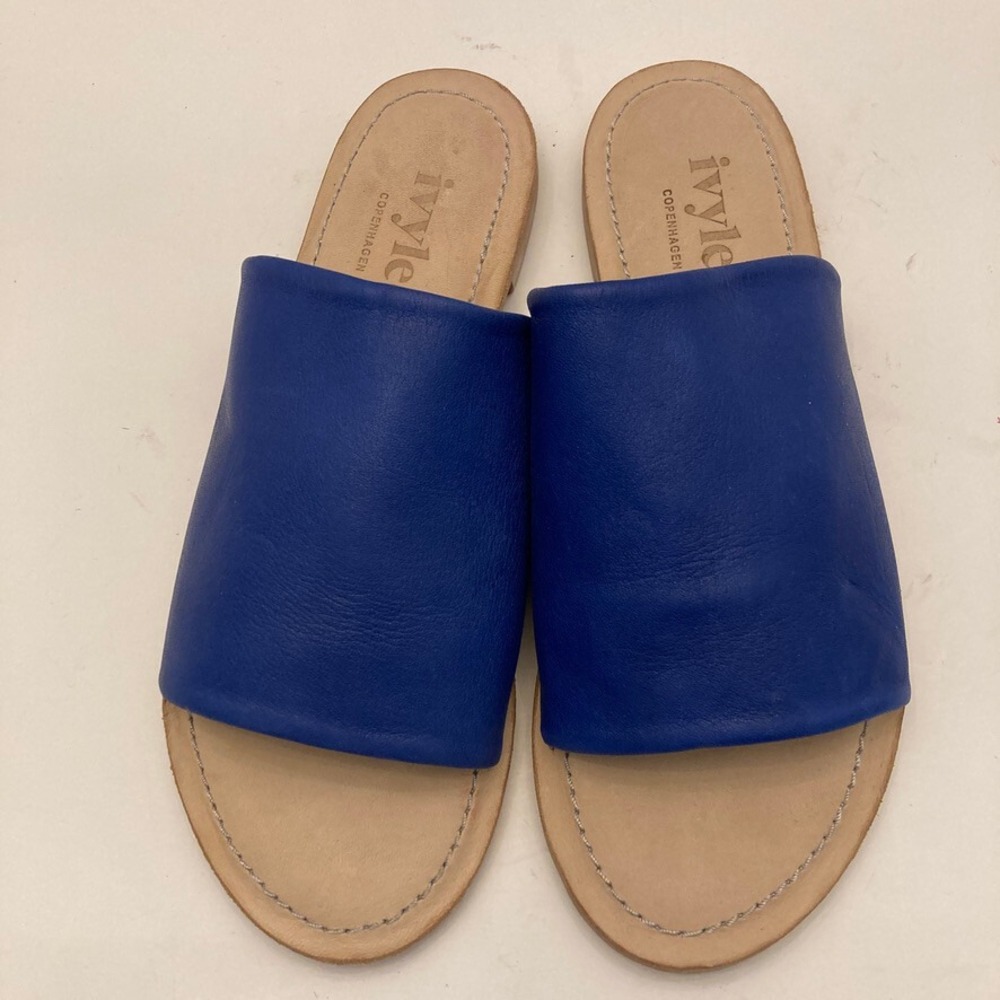 NEW Ivylee Copenhagen Leather Slides Flats Womens 8 EU 39 Blue Open Toe Handmade